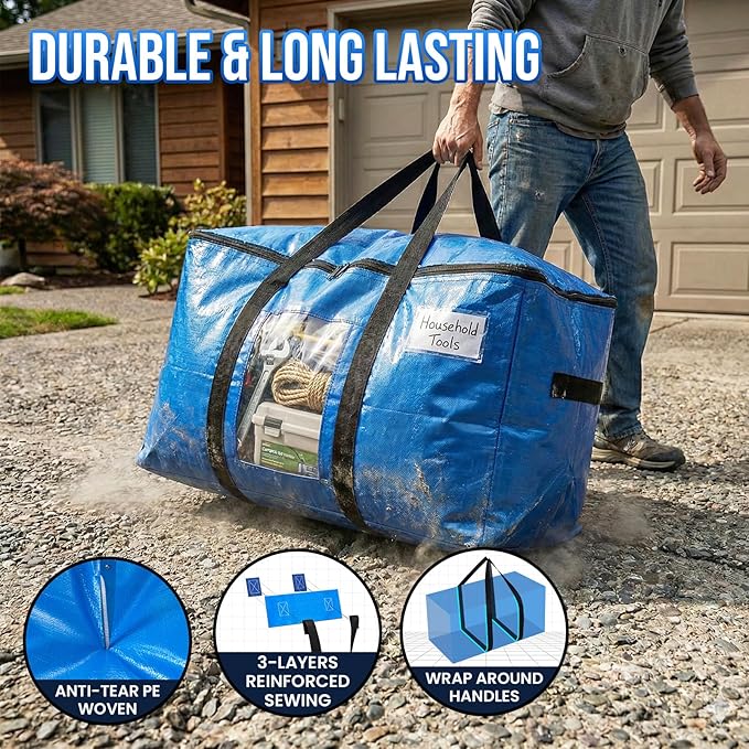 TAILI Extra Large Moving Bags, 8 Pack Blue Heavy Duty Totes For Storage with Visible Window, Wrap Around Handles, Storage Bags for Space Saving