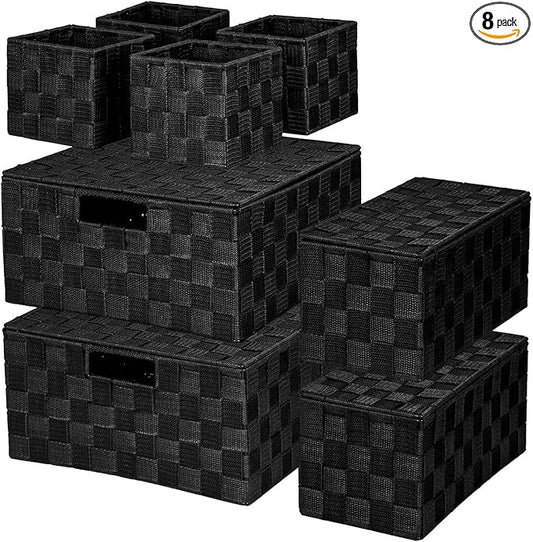 Woven Storage Box Basket Bin Container, Set of 8, Black - Organizing Bins for Closet, Shelf, Dresser, Drawer, Bedroom, Kitchen, Pantry