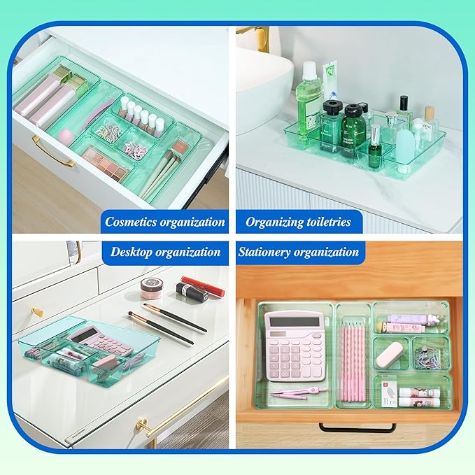 Kitchen Desk Drawer Organizers Storage for Office, Small Acrylic Vanity Trays Makeup for Drawer Bathroom Plastic Make up Organizers 25 Pcs Green