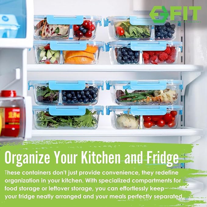 FIT Strong & Healthy Glass Meal Prep Containers, 2 & 3 Compartments - Portion Control, Lunch Container Set, Food Storage, Airtight Lids