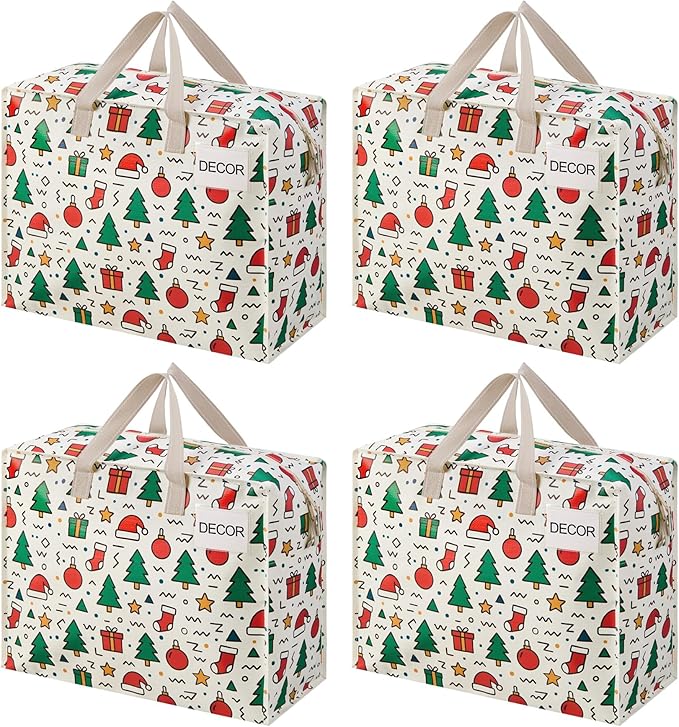 VENO 4 Pack Heavy Duty Moving Bags, Storage Bags, Packing Supplies, Top Zipper, Storage Totes for Camping, Clothes, Bedding, Comforters, Pillows, Christmas Pattern (13 Gallon, Jingle Mix, 4 Pack)