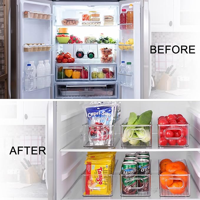 Stackable Plastic Food Storage Bin with Handles for Kitchen Pantry, Cabinet, Refrigerator, Freezer - Organizer for Fruit, Yogurt, Squeeze Pouches