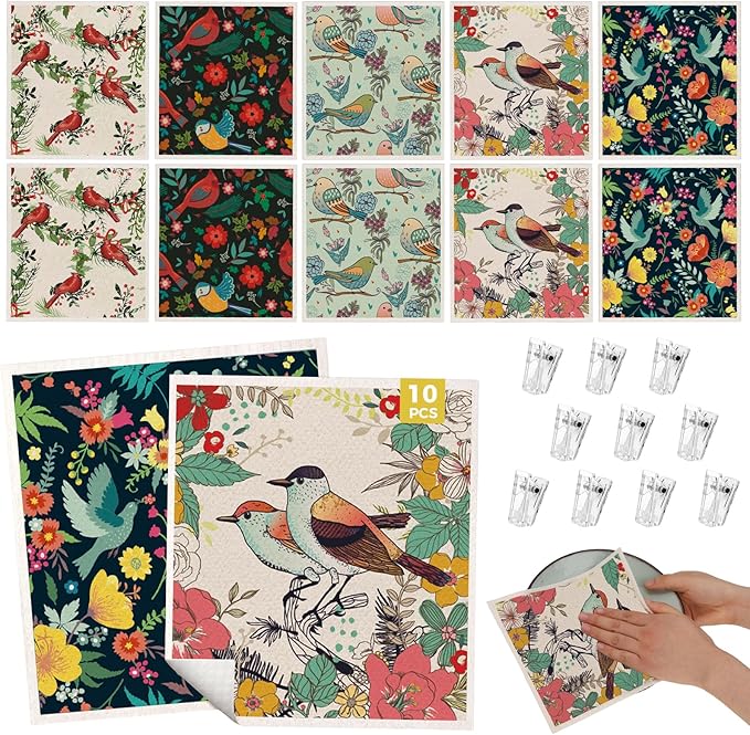 wlich 10PCS Swedish Dishcloths for Kitchen, Reusable Dish Rags for Washing Dishes with Clips, Non-Scratch Kitchen Towels and Dishcloths Sets, Washable Swedish Dish Cloths, No Odor(Birds Flowers)