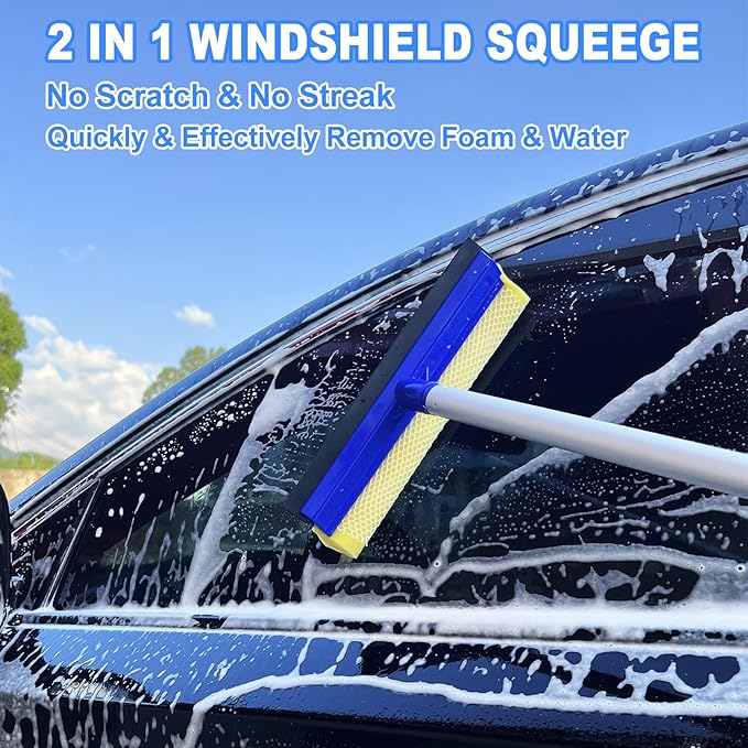62'' Car Wash Brush Kit Mitt Mop Sponge with Long Handle, 1 Chenille Scratch-Free Replacement Head, Windshield Window Squeegee,Car Duster