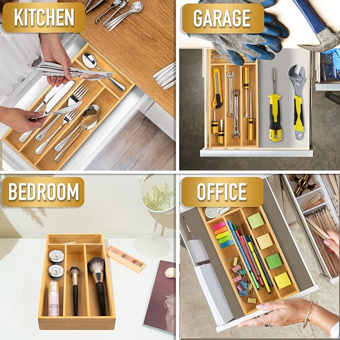 Silverware Organizer - Bamboo Kitchen Drawer Utensil Holder with 4 Slots (Natural)