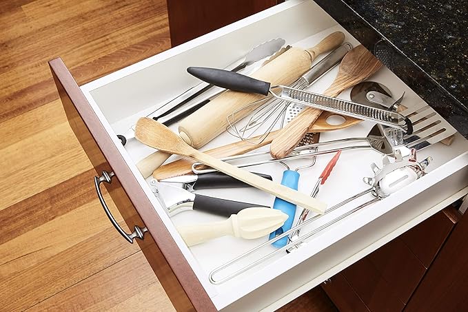Bamboo Kitchen Drawer Organizer Divider Stackable for Deep Drawers. (Set-of- 4) Spring Loaded Dividers that are Expandable & Adjustable. Kitchen Organizer.