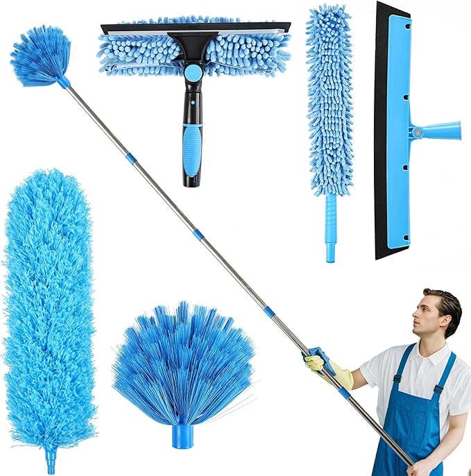 High Reach Duster Kit with14 ft Extension Pole High Ceiling Dusting and Window Cleaning Kit with Spliceable Pole - Cobweb Duster, Fan Blade