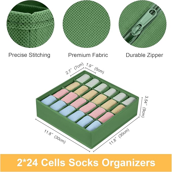 Joyoldelf Sock Drawer Organizer Divider 2 Packs Underwear Organizer, 24 Cell Closet Organizers and Storage Organizer Sock Holders Organizers for Storing Socks, Handkerchiefs, Ties, Belts (Green)