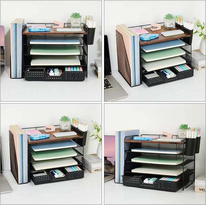Desk Organizer, 5-Tier Paper File Organizer with Drawer & Pen Holder, Brown Wood