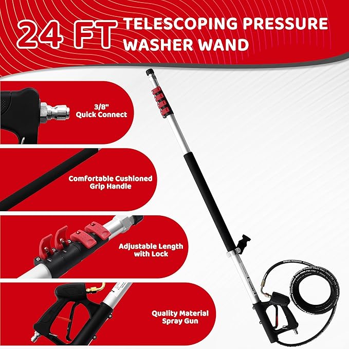 RIDGE WASHER 24 FT Telescoping Pressure Washer Wand, Power Washer Extension Wand with Brush