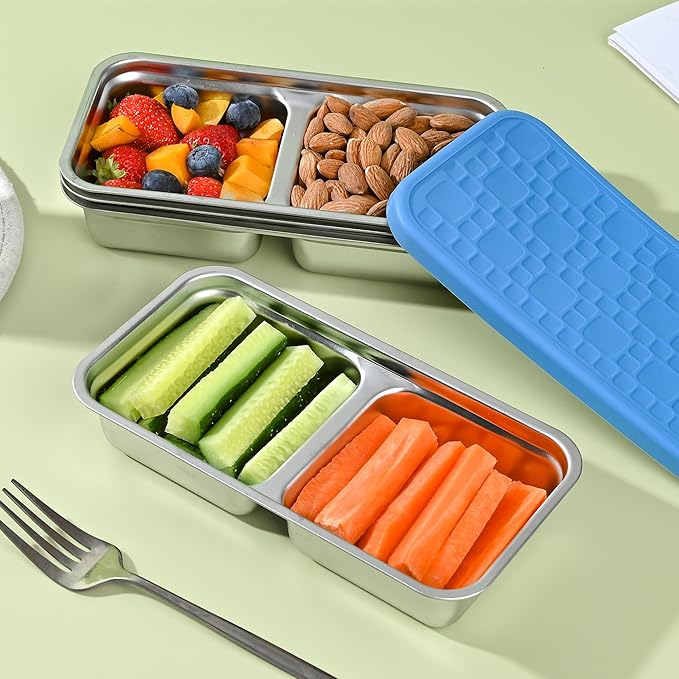 4 Pack Stainless Steel Snack Containers, Leak-Proof 2 Compartment Lunch Boxes with Silicone Lids, Reusable Metal Snack Box for Meal Prep, Travel, Outdoor & Daily Use (2 Compartments – A)