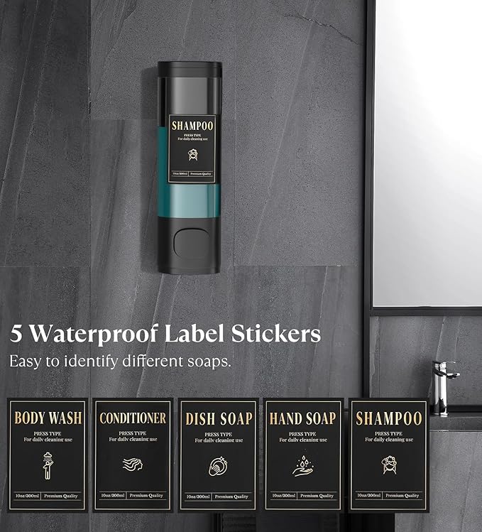 Luxspire Shampoo and Conditioner Dispenser, No Drill Wall Mounted Shower Soap Dispenser 1 Chamber with Waterproof Labels, Easy Refill Soap Dispenser for Bathroom Hotel Kitchen, Black