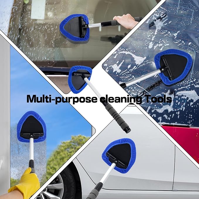 9PCS Windshield Cleaner Tool Kit,Car Window Cleaner with Extendable Handle&6 Reusable Microfiber Pads&Brush&Spray Bottle,Car Interior&Exterior Window Cleaning Tool,Glass Wiper Brush Kit for Car Home