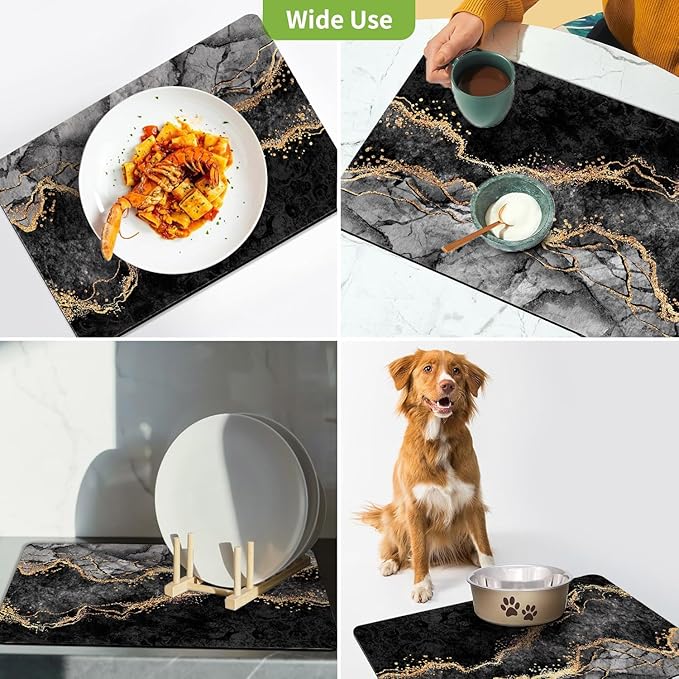 Dish Drying Mat for Kitchen Counter, Black Marble and Golden Veins Washable Absorbent Quick Dry Pad with Rubber Backing, Draining Mat for Dishes Coffee Table, 16" x 24"