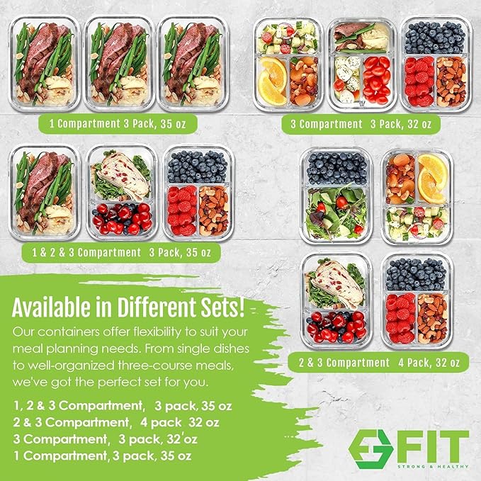FIT Strong & Healthy Glass Meal Prep Containers, 2 & 3 Compartments - Portion Control, Lunch Container Set, Food Storage, Airtight Lids