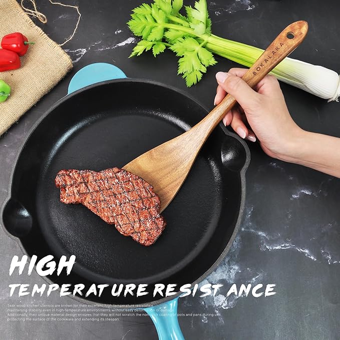 Teak Wooden Spoons for Cooking - 9 Pcs Comfort Grip Kitchen Utensil Set with Holder & Rest