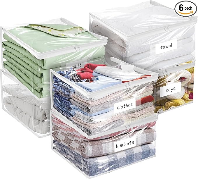 Plastic Storage Bags with Easy-Glide Zipper, Pack of 6, 18 x 15 x 9 Inch, White