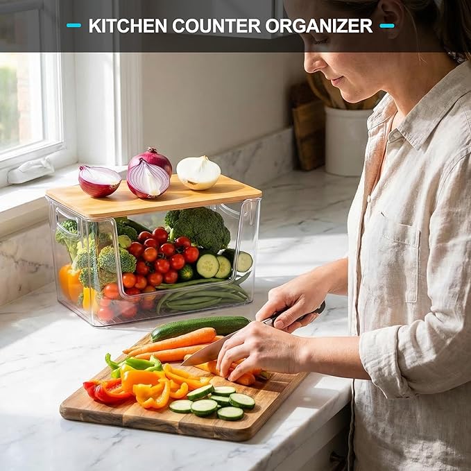 Pantry Organizers Storage, 2 Pack Large Capacity Clear Storage Bins with Bamboo Lids for Onion, Potato, Garlic, Canned Food