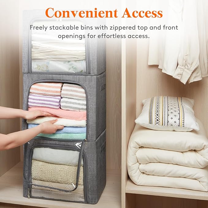 Lifewit Clothes Storage Bins with Metal Frame, Stackable Storage Box, Foldable Clothing Storage Bins with Lids