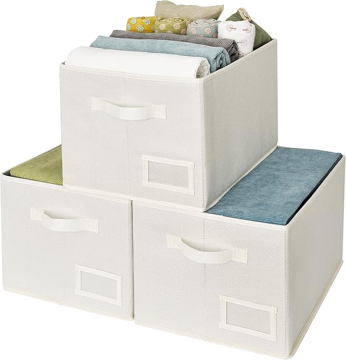 GRANNY SAYS Cloth Storage Bin with Label Holder, Closet Organizers and Storage Shelves, Sweater Storage Boxes for Closet Room, Storage Baskets for Organizing, Pearl White, Large, 3-Pack