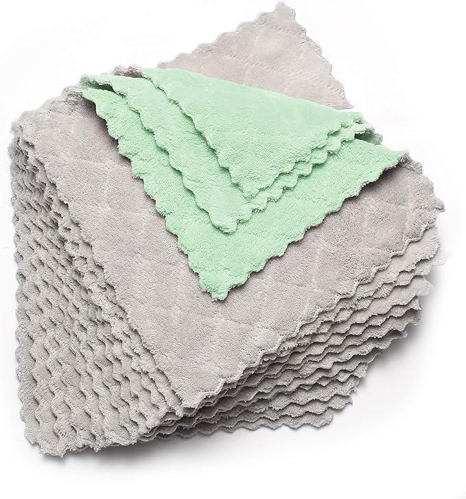 kimteny 12 Pack Dish Towels, 10x10 in Premium Dish Cloths, Super Absorbent Kitchen Towels Coral Velvet Dishcloths Nonstick Oil Fast Drying Washcloths (Green-Grey)