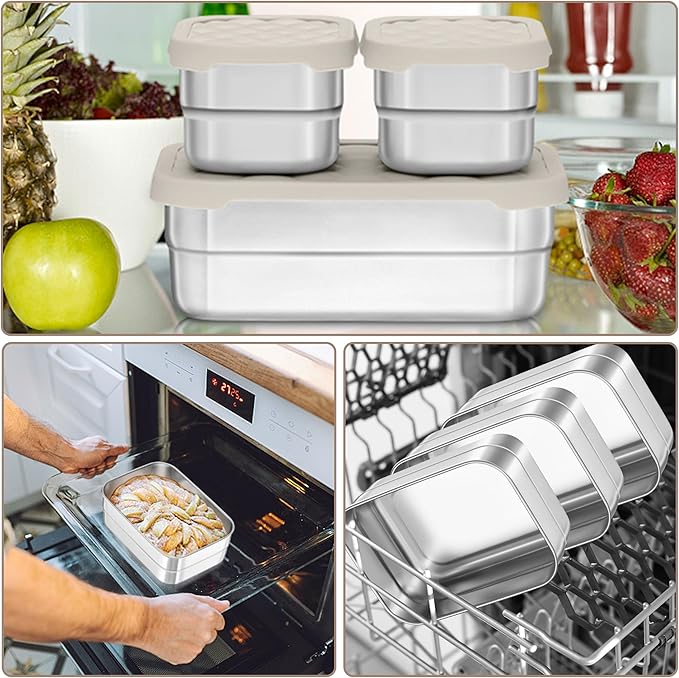 HaWare Stainless Steel Lunch Box Containers for Kids, Leak Proof Food Storage Containers with Khaki Silicone Lids