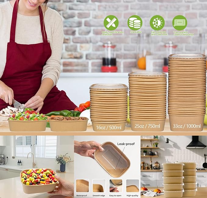 25oz Disposable Bowls with Lids, 50 Sets Large Kraft Square Paper Salad Bowls, Disposable Meal Prep Food Containers w/Lid