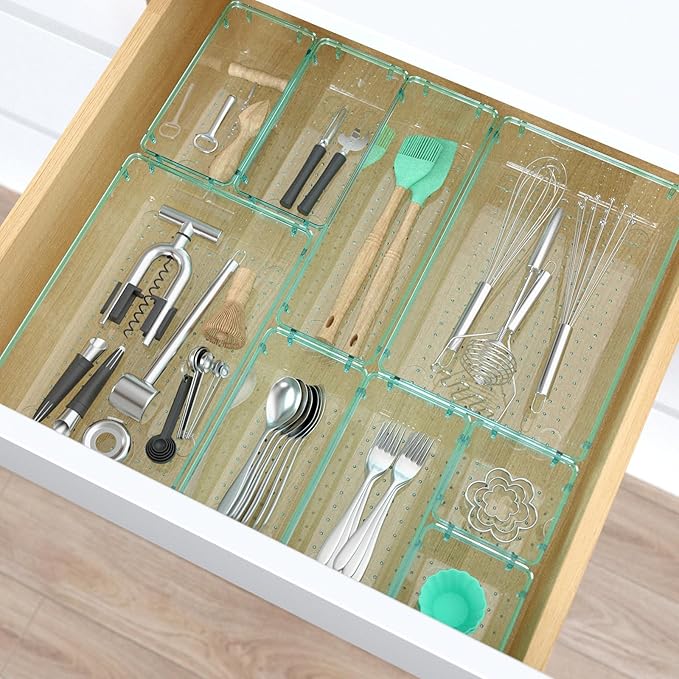33 PCS Clear Plastic Drawer Organizers Set, Sea Blue