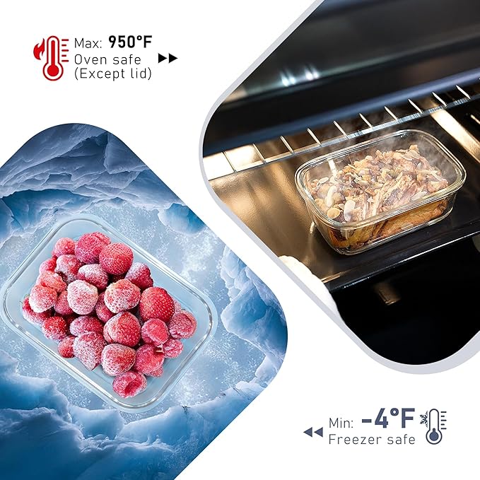 10-Pack Glass Food Storage Containers with Tempered Lids – Borosilicate, Airtight, Oven-Safe (-4°F~950°F), BPA-Free, 4.4 & 1.6 Cup, Leak-Proof