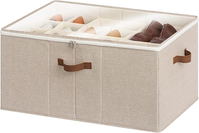 StorageWorks Shoe Organizer for Closet, Fits up to 24 Pairs, Shoe Cubby Storage Containers with Adjustable Dividers and Clear Cover, Taupe