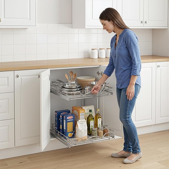2-Tier Pull-Out Cabinet Organizer with Heavy-Duty Steel Frame, Full-Extension Sliding Shelves, Holds 100 lbs, Easy Install for Kitchen