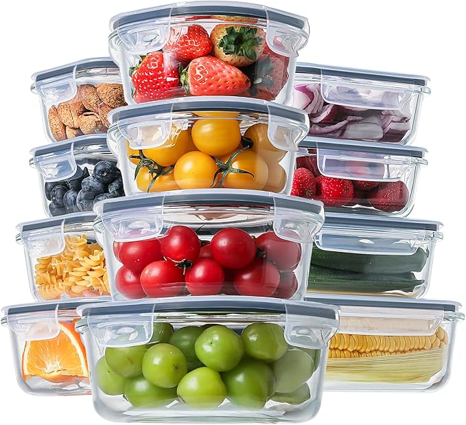 HOMBERKING 24pc Glass Food Storage Containers with Lids, Glass Meal Prep Containers, Airtight Bento Boxes, BPA Free & Leak Proof, Pantry Kitchen Storage(12 lids & 12 Containers) - Gray