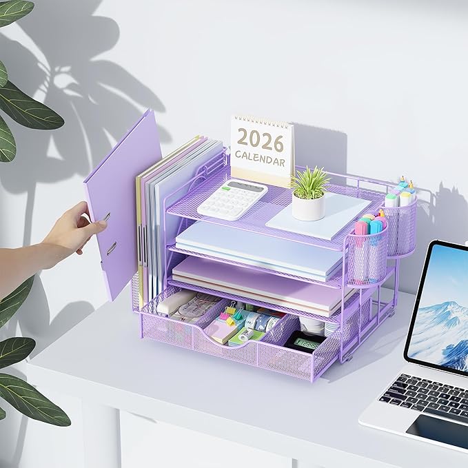 gianotter Desk Organizers and Accessories with File Holder, 4-Tier Desk Accessories & Workspace Organizers with Drawer and 2 Pen Holder