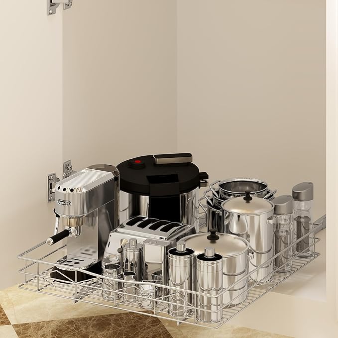 Pull Out Cabinet Organizer, 50LB Load Capacity Bottom-mount Sliding Drawer for Pots and Pans, 14" W x 21" D Under Sink Storage Shelf for Cabinet Opening 15" W x 22" D or Larger, Chrome Finish
