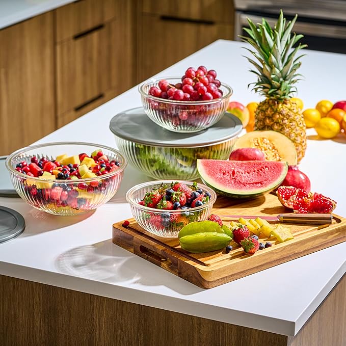 8pc Ribbed Glass Mixing Bowls with Leakproof Airtight Lids - BPA-Free Meal Prep Stackable Space Saving Nesting