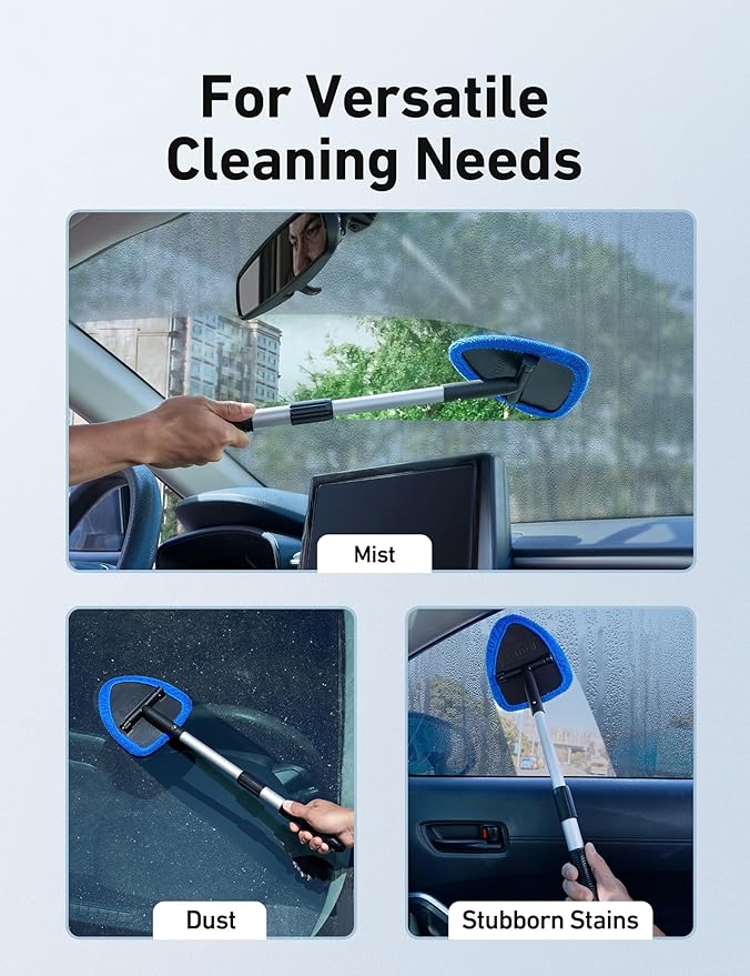 AstroAI 32" Windshield Cleaner Tool, Car Interior Window Detailing Cleaning Kit with Extendable Handle and 4 Easy-to-Install Reusable Microfiber Pads