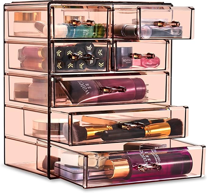 Sorbus Acrylic Makeup Organizer Set, 6-Drawer Vanity & Countertop Cosmetic Storage with Small & Wide Drawers, Bronze Glow Makeup Storage for Brushes
