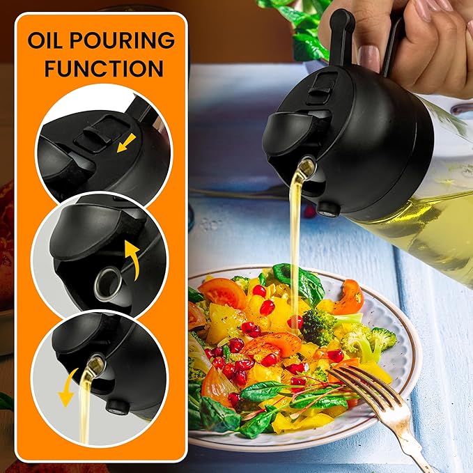 Oil Dispenser, 2 In 1 Cooking Oil Sprayer and Pourer, Non-Drip Spout for Kitchen Oil, Air Fryer, Salad, Grill, 16oz/470ml with Silicone-Encased Base (Black Cap, Clear Bottle)