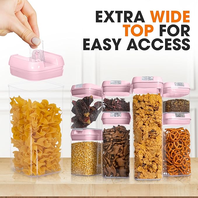 Cheer Collection Stackable Airtight Food Storage Containers - BPA Free Plastic Food Organizer for Pantry with Dry Erase Marker and Labels, Pink