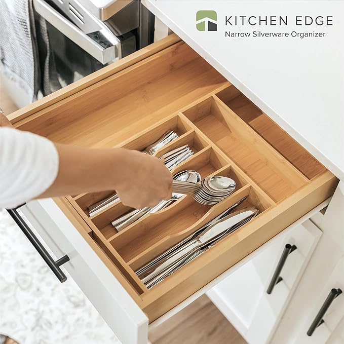 KitchenEdge Premium Silverware, Flatware and Utensil Organizer for Kitchen Drawers, Food-Safe Contract Grade, Expandable from 10.5 to 19 In, Natural Bamboo