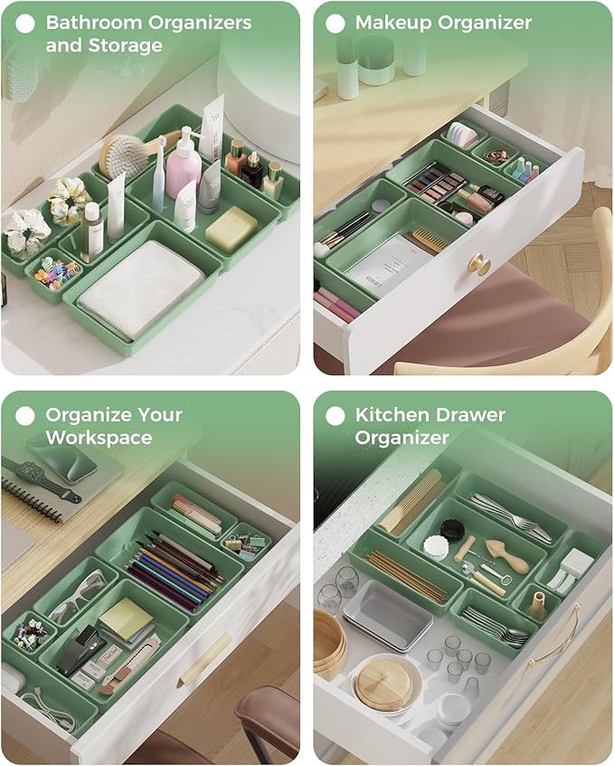 25 PCS Plastic Drawer Organizers Set, 4-Sizes Vanity and Makeup Organizer, Green