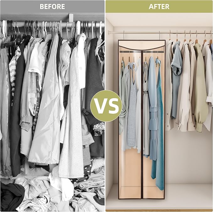 Garment Bags for Hanging Clothes Storage, Long Garment Cover with Zippered Clear Window for Closet Wardrobe Clothes Rack Organizer, Hanging Garment Bags for Dresses, Suits, 1 Pack, Beige