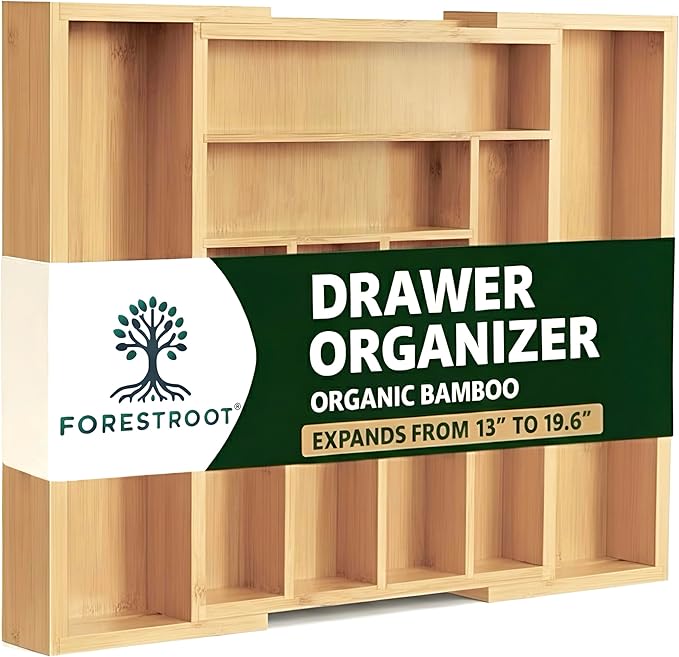 Bamboo Drawer Organizer, Expandable 8-Slot Silverware & Utensil Tray for Kitchen Drawers, Fits 13–19.5 Inch Drawers, Deep Compartments