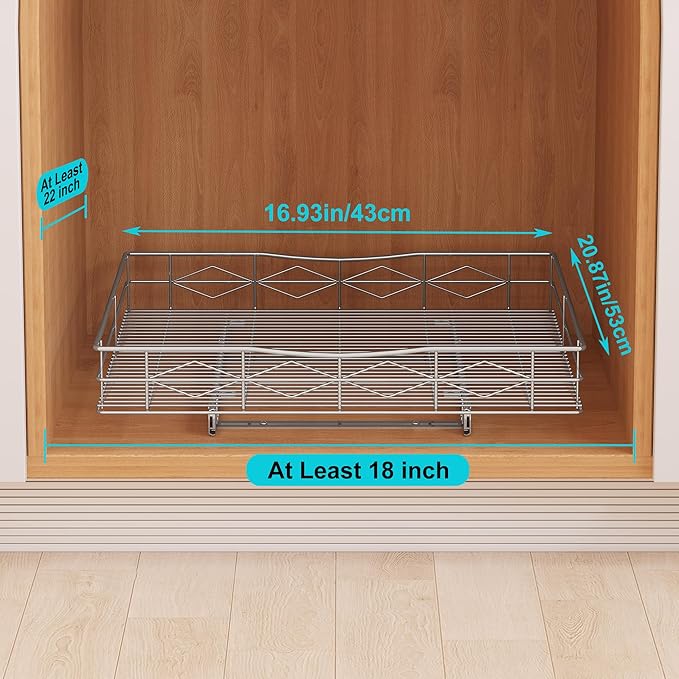 Pull Out Cabinet Organizer, 50LB Load Capacity Bottom-mount Sliding Drawer for Pots and Pans, 17" W x 21" D Under Sink Storage Shelf for Cabinet Opening 18" W x 22" D or Larger, Chrome Finish