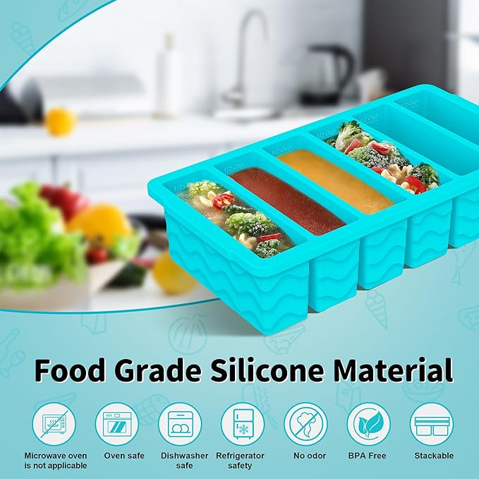 2-Pack Silicone Freezer Trays with Lid, 2 Large 2-Cup(500ml) & 6 Small 1/2-Cup(125ml) Soup Freezer Container Molds