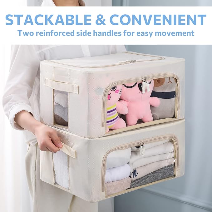 3Pack Frame Storage Box - Clothes Storage Bin Bags Oxford Fabric Foldable Stackable Container Organizer Set with Clear Window & Carry Handles Large Capacity (Beige, Small-22L)