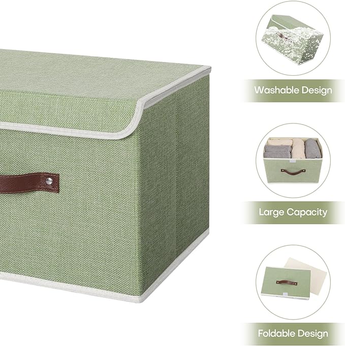 ANMINY Storage Bin with Lid Storage Boxes with PU Leather Handles PP Plastic Board Decorative Foldable Lidded Cotton Linen Fabric Home Cubes Baskets