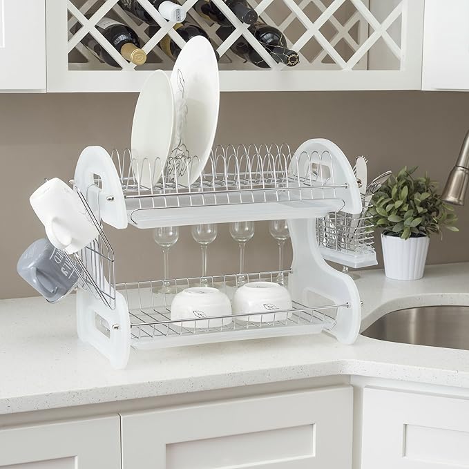 Home Basics Plastic 2-Tier Dish Drainer Rack, Air Drying and Organizing Dishes, Side Mounted Cutlery Holder, White