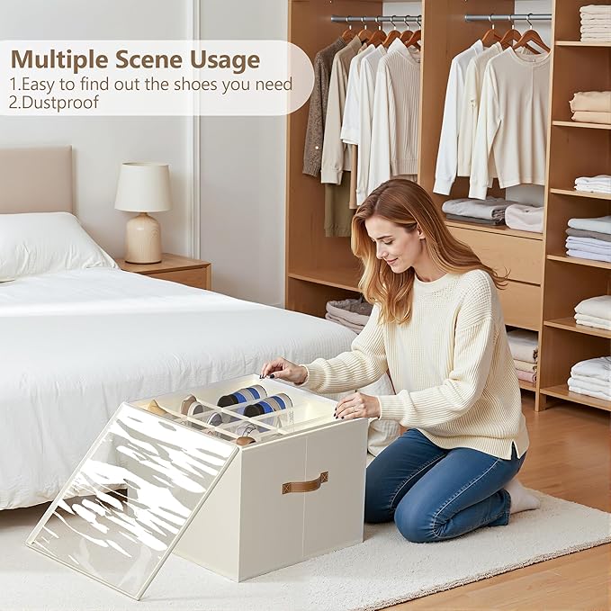 Vincona Shoe Organizer for Closet,2 Pack Shoe Storage Bins Foldable Shoe Storage Box Containers with Clear Cover and Sturdy Handles,Shoe Rack for Closet Storage for Sneakers Heels Slippers (Beige)