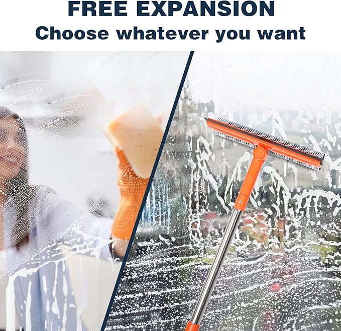 Professional Window Squeegee,2 in 1 Squeegee Window Cleaner with Long Stainless Steel Handle,Sponge Car Window Squeegee for Gas Station, Glass,Shower